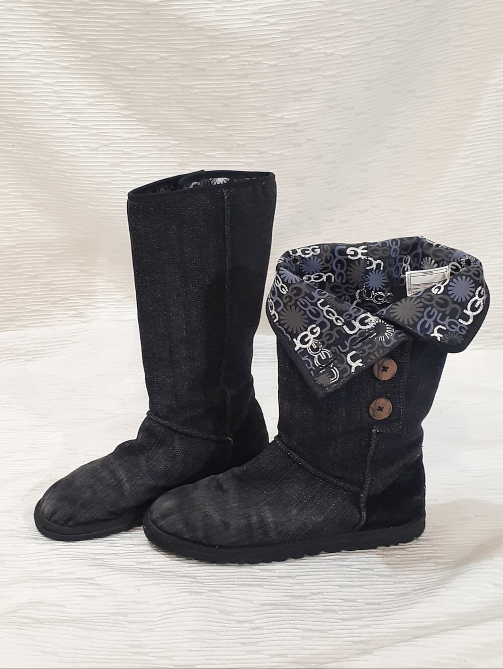 Y2k UGG Black Denim Tall Boots with Patterned Cuff Size 8